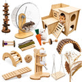 26 Pcs Hamster Cage Accessories, Silent Wheel & Wood House Set | Includes Maze House, Water Bottle, 13 Chew Toys, Seesaw Bridge; Natural Wood, for Guinea Pigs Chinchillas Gerbils Mice Rats