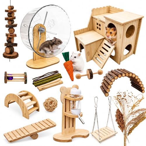 26 Pcs Hamster Cage Accessories, Silent Wheel & Wood House Set | Includes Maze House, Water Bottle, 13 Chew Toys, Seesaw Bridge; Natural Wood, for Guinea Pigs Chinchillas Gerbils Mice Rats