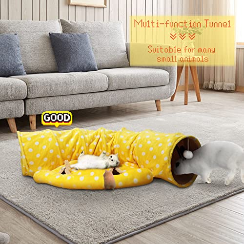 BWOGUE Bunny Tunnel Bed, 2-in-1 Collapsible Rabbit Tunnel Hideout with Mat | Removable Mat for Washing, 46.8 in Length, Ball Toy for Play, Soft Suede Fabric, Cats Rabbits Guinea Pigs - color: Yellow