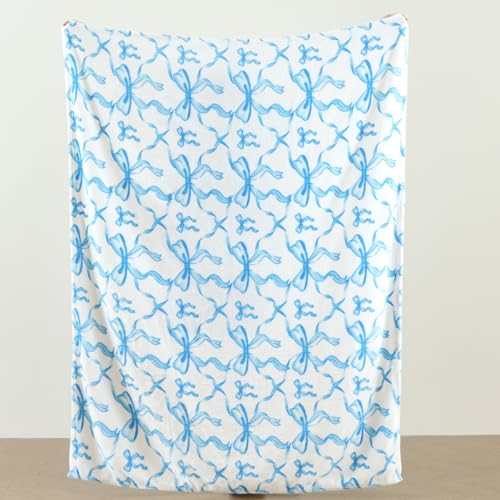 Blue Bow Twin Blanket – 60x80 Inch Soft Fleece Blanket for Girls and Women, Coquette Aesthetic Room Decor for Bed, Couch, Chair, Preppy Bedroom or Gift, Cute Pink Bow Decor Blanket - color: Bow Blue, size: Twin(60"x80")