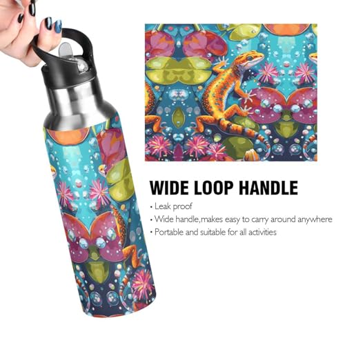 Colorful Lizard Water Bottle Kids Insulated Sports Vacuum Stainless Steel Mug with Straw Lid & Handle 20 oz - color: AB04