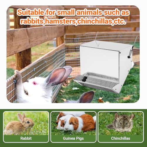 Rabbit Feeders for Cages,3.5 Pound Metal Trough Feeder with Water Bottle | Galvanized Steel Outdoor Bunny Food Dispenser Automatic for Rabbits Chicken Guinea Pig Pet and Other Small Animals Silver
