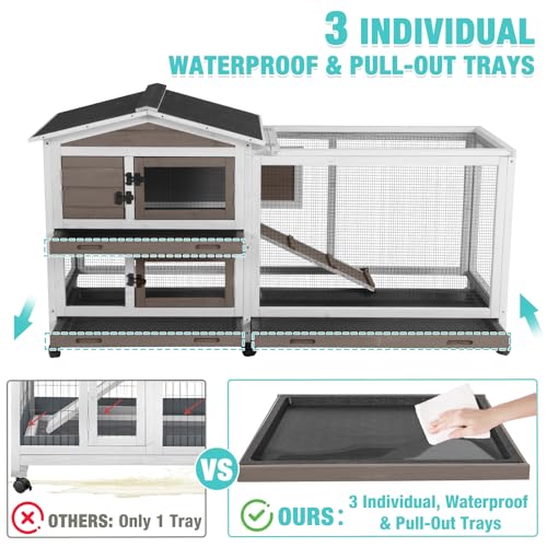 Suumerpety 62" Rabbit Hutch with Chew-Proof Ramp & Waterproof Roof - Indoor/Outdoor Bunny Cage, 2-Story Design, 6 Lockable Caster Wheels & Dual Pull-Out Trays (Brown) - color: (Brown)