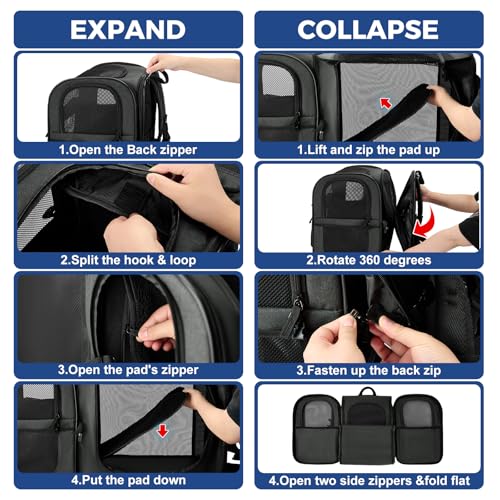 Apollo Walker Cat Carrier Backpack for Small Dogs and Cats Up to 18 lb | Expandable space, Four-Sided Breathable Mesh, Stability Package, Removable Pad,3D back panel,Thickened shoulder straps - color: Black-expandable