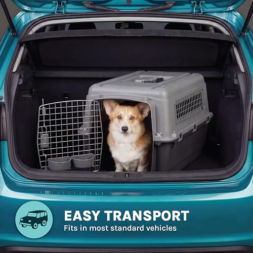 SportPet Airline Compliant MEDIUM 26.5" Travel Dog Kennel-Durable Plastic Airline Pet Carrier w/ Removable Wheels & Food Bowls, Collapsible Indoor/Outdoor Dog Kennel, Dogs up to 23"L & 15"H-Dark Gray - color: Dark Gray