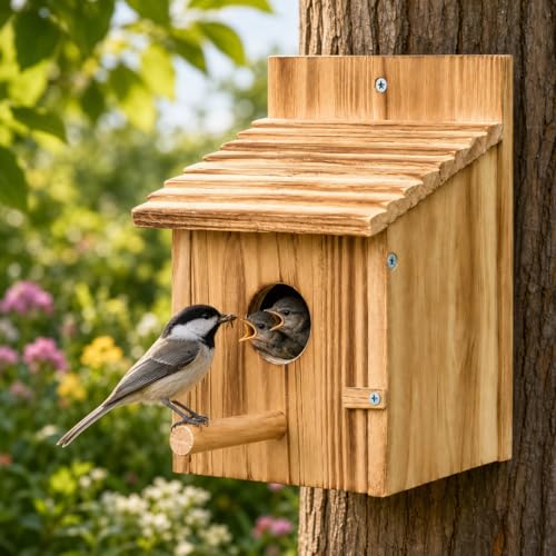 Wooden Bird House for Outside, Hanging Natural Wood Birdhouse with Perch, 1.57" Entrance & Side Clean-Out Door for Bluebirds, Wrens and Finches, Garden Decor