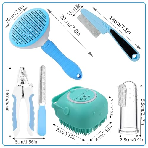 7pcs Pet Grooming Kit, Self-Cleaning Brush Shedding Kit with Nail Clipper, Flea Comb, Shampoo Bath Brush, Finger Toothbrush, Storage Bag (Blue) - color: Blue