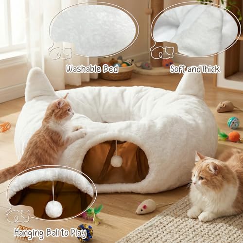 OurWarm Cat Tunnel Bed for Indoor Cats, Soft Plush Round Peekaboo Cat Bed Cave with Washable Cushion, Under Cristmas Tree Cat Donut Tunnel Toys for Kitten Rabbit Puppy (White)
