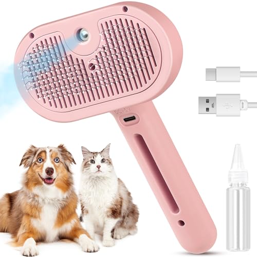 Steam Brush for Shedding Pets - Self-Cleaning Grooming Comb with Water Tank for Long & Short Haired Cats and Dogs (Pink) - color: Pink