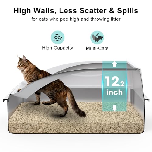 AIPERRO Stainless Steel Litter Box Extra Large for Big Cats and Multi-Cats | Jumbo Extra Large Metal Cat Box with High Sided Lid, Anti-Urine Leakage, Non-Stick,Include Litter Scoop - color: Silver Grey, size: XXX-Large