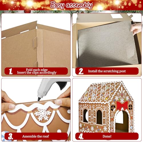 Cinrobiye Christmas Cardboard Cat House with Scratcher Pet Gingerbread Board Bed Cave Playhouse Hideaway Hideout Condo Decor Small Animals Scratch Box for Indoor Cats Kittens Rabbits Bunny (Brown, 1) - color: Brown