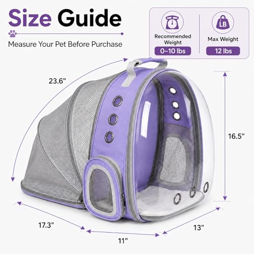 Expandable Cat Carrier Backpack with Bubble Window, Purple | Breathable mesh, anti-collapse frame, side door, safety leash and escape-resistant zippers for vet visits and outdoor travel. - color: Purple