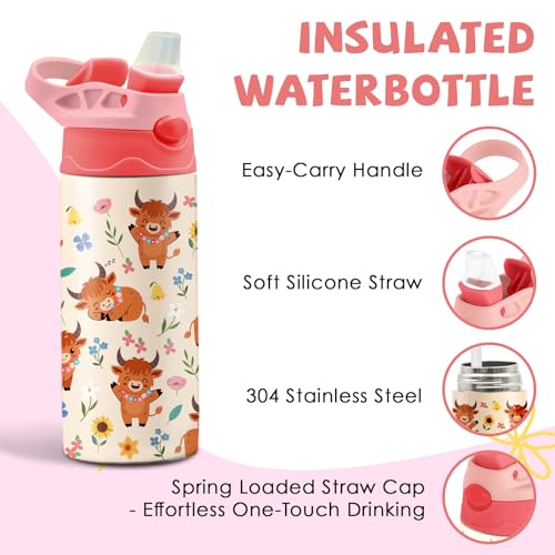 Highland Cow 12 oz Water Bottle with Straw – Kids Stainless Steel Vacuum Insulated Cup, Leakproof Pop-Up Spout, Reusable Travel Mug for Boys and Girls Outdoor Sports - color: Cow1