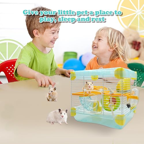 2 Layers Hamster Cage with Tubes Mouse Cage with Accessories Water Bottle Food Dish Transparent Hamster Habitat with Exercise Wheel for Hamster Guinea Pig Gerbil (10.9" x 8.1" x 9.8" Blue) - color: 【Blue】