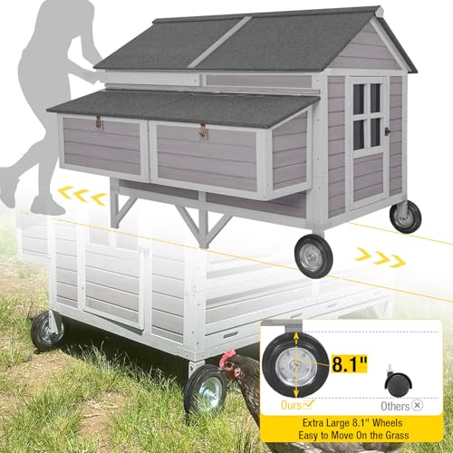 Chicken Coop Super Large Mobile Hen House with Wheels,Strong Iron Frame Outdoor Poultry Cage with Nesting Box,Duck Coop,Rabbit Cage Waterproof - size: Grey 68.1"L x 53.9"W x 49"H