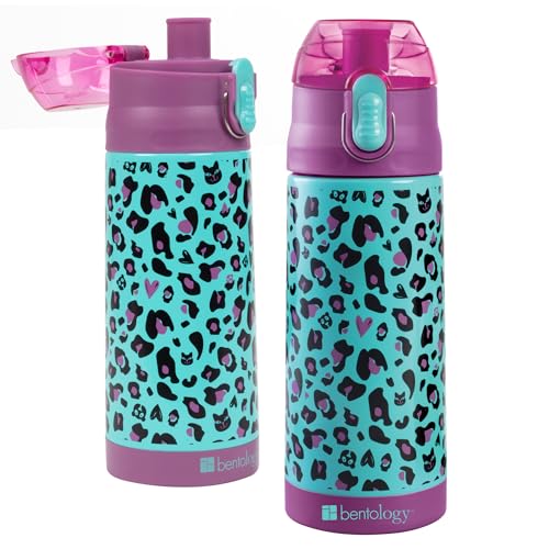 Bentology Stainless Steel 13 oz Reusable Water Bottle for Kids, Cheetah - Double Wall Insulated, Spill Proof Lid w/Built-in Straw- Keep Liquids Hot or Cold For Hours- Fits in Lunch Boxes & Bags - color: Cheetah