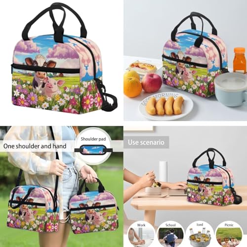 Cow and Pig Backpack for Girls Bookbag with Lunch Box Cup Sleeve Cute Pencil Case 4 PCS Set Bookbag with Compartment 4Th Grade Kid 8-10 Years Old School Bag for Camping Picnic - color: Cow and Pig