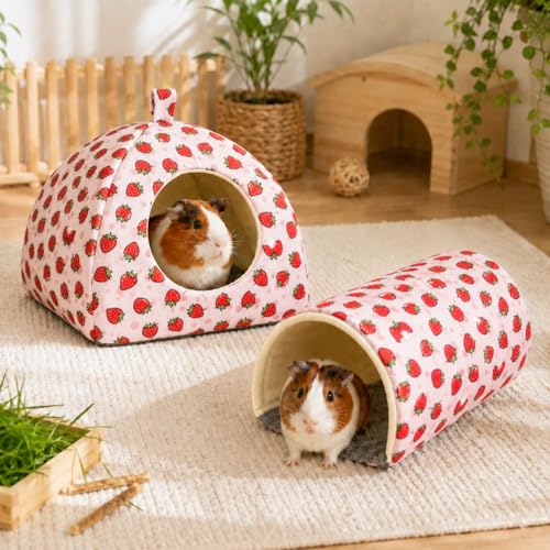 Guinea Pig Hideout Tunnel Set, 2 Pack Washable Small Animal Bed with Removable Cushion, Hamster Hideout Play Tunnel Toys for Guinea Pigs, Hamsters, Hedgehogs, Ferrets, Pink Strawberry - color: Pink Strawberry, size: Large(9.4"L x 9.4"W x 7.9"H)