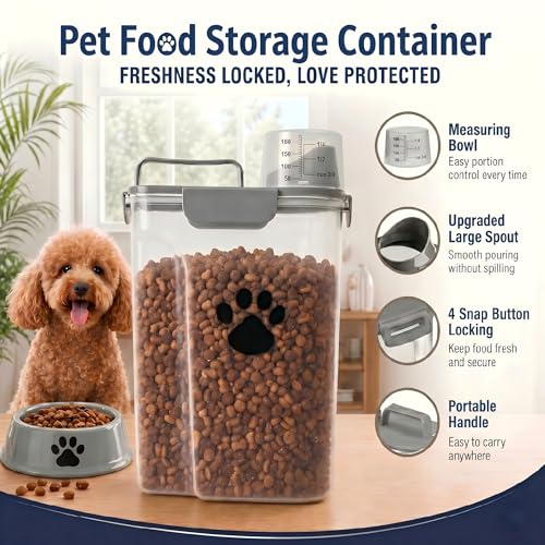 5-7Lbs Dog Cat Food Storage Container with cleaning brush | 4 Snap Seals,Portable Pet Food Containers with Upgraded Large Nozzle and Measuring Cup,Cats,Birds(Large-Grey) - color: 6QT-Grey