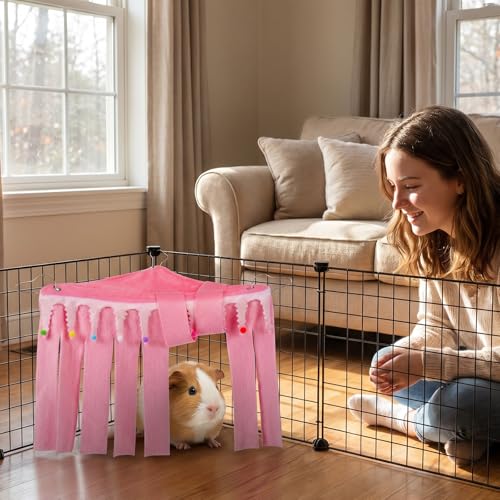 Guinea Pig Hideout, Small Animal Hideout Corner Fleece Tent with Hammock | Guinea Pig Cage Accessories for Bunny, Chinchilla, Hamster (Pink, 30x40x30cm)