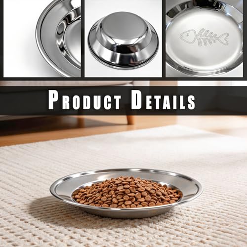 4-Pack Stainless Steel Cat Bowls, 6.3” Shallow Cat Bowl, Whisker-Friendly to Help Reduce Whisker Fatigue, Thickened & Durable Cat Dishes for Cats and Kittens, Dishwasher Safe