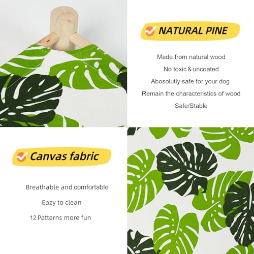 Patas Lague Cat Hammock Bed Small Eleveted Dog Bed 19x19 in Monstera Leaf | Brethable Wooden Pet Bed, Cooling Rabbit Cot, Outdoor Cat Furniture For Summer - color: Monstera Leaf