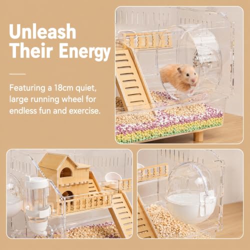 8-in-1 Small Acrylic Hamster Cage, 2-Tier Top Open with All Accessories | Clear 360 Viewing,18.5"x11.8"x14.6",Fits Dwarf Hamsters,Gerbils & Mice,Detachable Tray, Three-sided Ventilation.