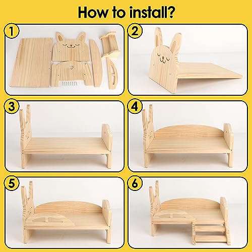 Wooden Guinea Pig Bed with Mat 13.5IN X 9.3IN Detachable Hideout with Stairs Small Animal Cute Warm Habitats for Hamsters Ferret Bunny Sleeping Hiding