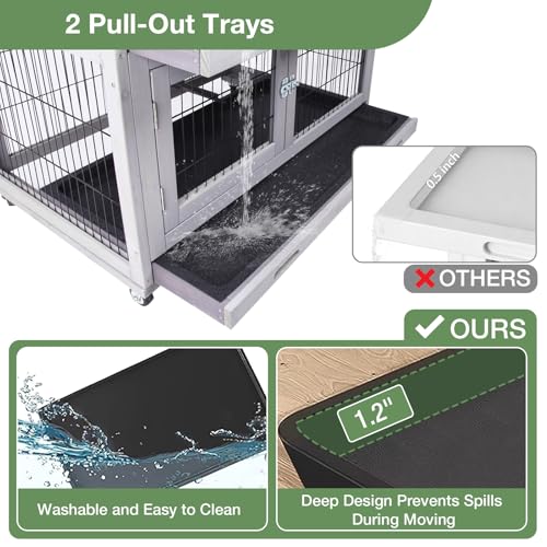 Rabbit Hutch Indoor Outdoor, Mobile Rabbit Cage with Wheels, Wooden Bunny Hutch with Leakproof Trays and Waterproof Roof, 2-Story Guinea Pig Cage - color: Grey, size: 38.6"L x 25.6"W x 44.2"H