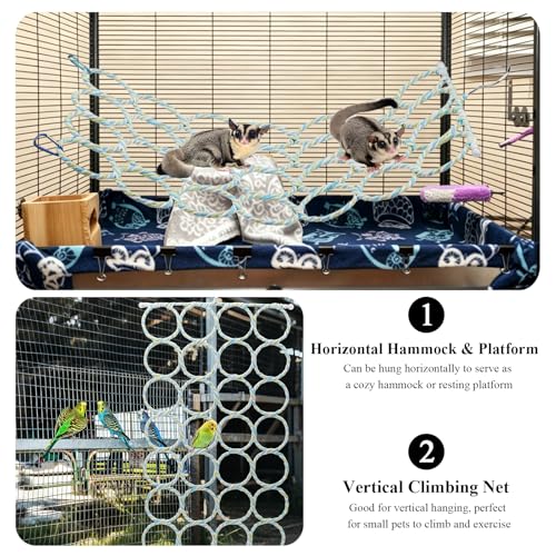 Hypeety Rat Climbing Rope Net Small Pet Hanging Swing for Cage Accessories | Bird hammock, climbing ladder bridge, cage enrichment toys, for rat/guinea pig/sugar glider, with 4 hooks, 28-ring, 2pcs - color: 28-ring