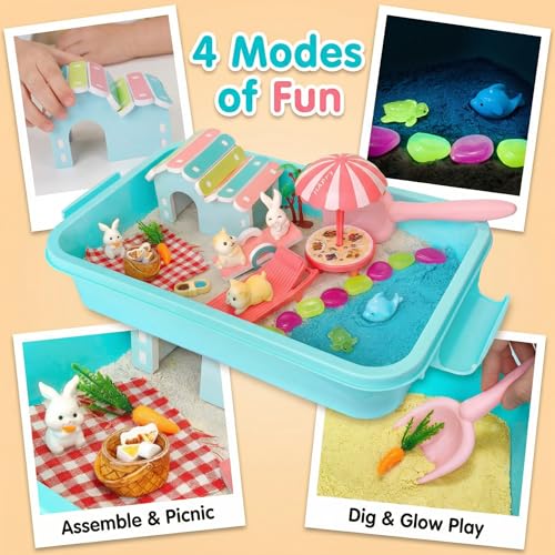 Carolart Hamster Sensory Bin, Animal Play Set, Sand Box with Glow Stones | Rabbit and hamster pretend play sandbox, sensory sand activity, pet habitat toy, gift for kids ages 3-8 - style: Hamster