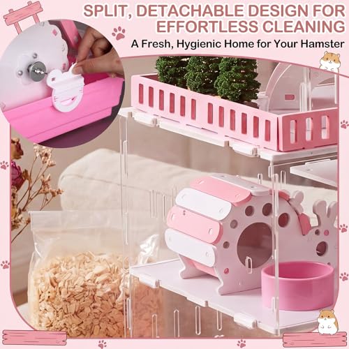 Eccliy 15 in 1 Clear 3-Layer Acrylic Hamster Cage with All Accessories, 20 x 13.7 x 10 Inch Dwarf Hamster House, Magnetic Connection Small Pet Enclosure, Garden Style Mouse Cage for Pet Mice - color: Pink