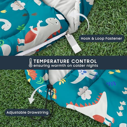 Wake In Cloud - Kids Sleeping Bag for Boys Toddlers, Camping in Warm Cold Weather, Backpacking Lightweight Compact Outdoor Liner for 3 Seasons, Cartoon Jurassic Dinosaur - color: Teal Blue
