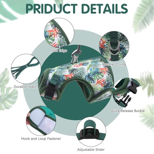 BINGPET Cat Harness and Leash Set, Escape Proof and Adjustable, Medium | Step-in Vest, Lightweight Soft Breathable Mesh, Hook & Loop, Easy Control for Small & Medium Cats Walking Travel - color: Green leaves, size: Medium