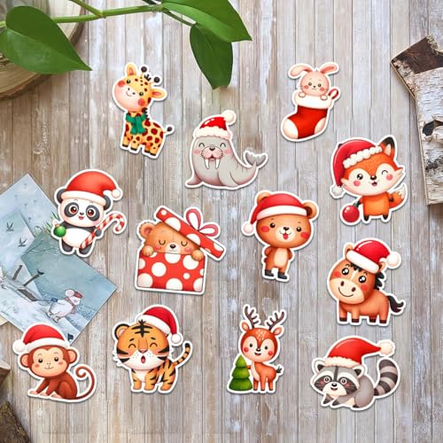 12 Pcs Cute Christmas Animal Stickers, Holiday Decals Featuring Bear, Panda, Fox, Tiger, Giraffe, Deer, Monkey, Bunny in Santa Hats, Festive Stickers for Kids, Gifts, Laptop, Bottle, Notebook 5 Inches - color: Animal, size: 5 Inches