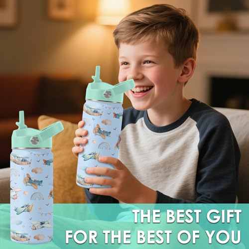 Airplane Gifts - 16oz Kids Blue Airplane Water Bottle with Straw Lid, Stainless Steel Insulated Tumbler, Leakproof, BPA-Free, for Boys, School, Travel - Helicopter Pilot Lovers Birthday Gift Cup (1pc) - color: Helicopter, size: 16 Ounces