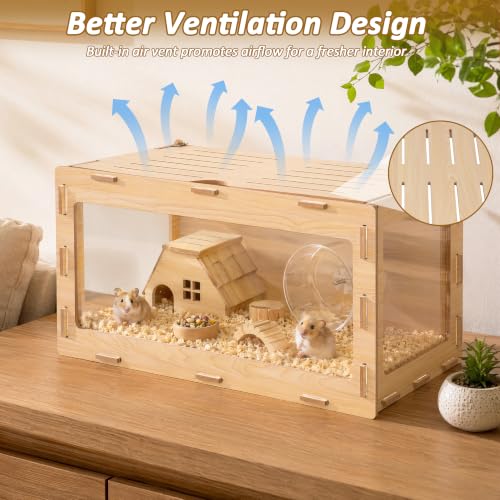 32" Hamster Cage with 3-Sided Clear Acrylic Panels | Interlocking Small Animal Habitat with Top Access & Ventilation for Syrian & Dwarf Hamsters, Gerbils and Mice - color: Natural Wood, size: 32.0"L x 16.1"W x 16.0"H