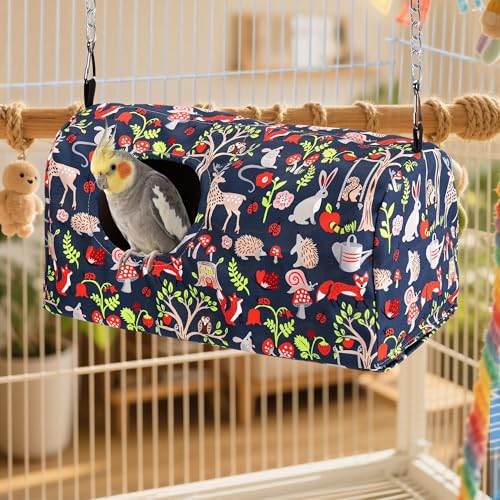 Bird Nest House Cage Hanging Hammock Shed Hut Hideaway Large Size | Snuggle Bird Cage Hanging Nest Tent Forest Animals Pattern Hideaway Bird Hut for Parakeet Cockatiel Conure Finches Love Birds - style: L