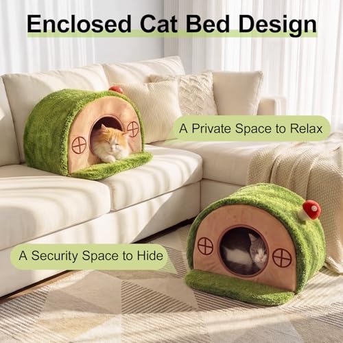 Cat House for Indoor Cats - Tree Hole Cat Bed Cave Hideaway | Enclosed Calming Shelter for Small Medium Pets, Removable & Washable Cushioned Pillow, Cute Kitten Bed with Anti-Slip Base
