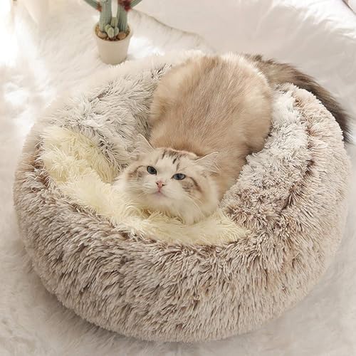 Round Fluffy Hooded Cat Bed Cave, Anti-Anxiety Cave Bed with Blanket | Hooded Cat Bed Cave, Cozy Cuddler Luxury Puppy Pet Bed, Anti-Slip Bottom and Machine Washable - color: Coffee, size: Large