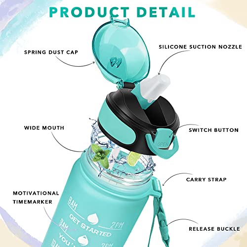 Enerbone 32 oz Drinking Water Bottle with Times to Drink and Straw, Motivational with Carrying Strap, Leakproof BPA & Toxic Free, Ensure You Drink Enough Water for Fitness Gym Outdoor - color: Luca