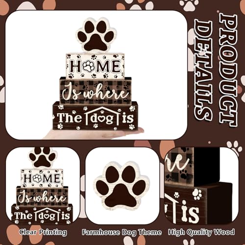 Tiered Tray Decor Set, 4 Pcs, Wooden, for Home Kitchen, Dog Paw | Rustic Distressed, Farmhouse Rustic Summer Coffee Table Centerpieces Office Decorations - style: Dog Paw