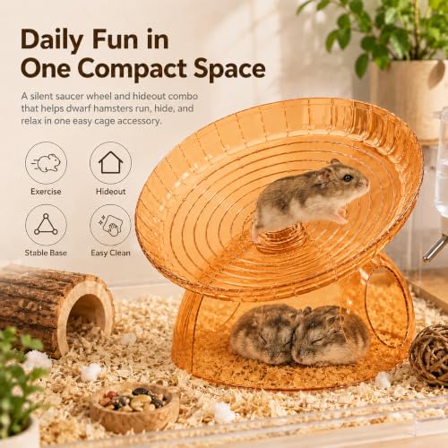 Silent Hamster Wheel with Hamster Hideout, Quiet Flying Saucer Exercise Wheel for Dwarf Hamsters, Stable Running Wheel, Small Animal Cage Accessory, Easy to Clean (Orange) | 2-in-1 flying saucer wheel with hideout, quiet spin, wide track, clear body, stab