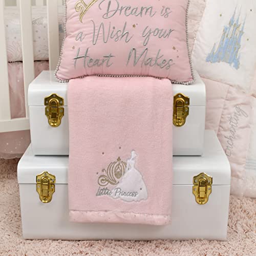 Disney Princess Enchanting Dreams Pink Cinderella Applique and Embroidered Super Soft Baby Blanket with a Silver Sparkle Organza Trim - color: Princess Enchanting Dreams
