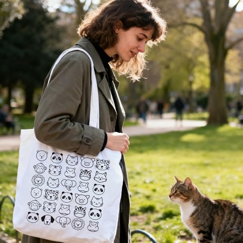 ANATTASOUL Canvas Tote Bag Reusable Cotton Bag for Women, Large 14.96"x 15.74" Cloth Shoulder Bags with Zipper Pockets - style: Animal Portraits