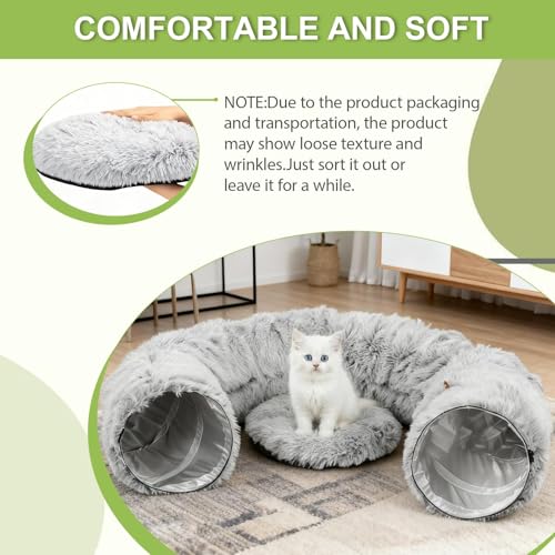 Cat Tunnel Bed for Indoor Cats, Plush Donut Tunnel with Washable Cushion | Peekaboo Cat Hideaway Cave Toy for Kittens, Puppy, Rabbit and Small Pets, Grey