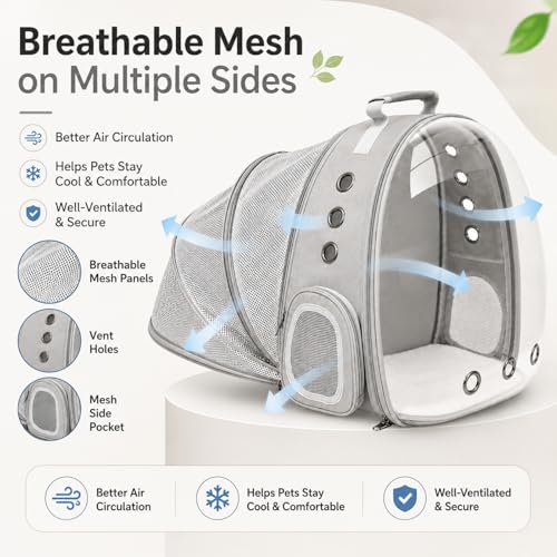 Expandable Cat Carrier Backpack with Bubble Window, Grey | Breathable mesh, anti-collapse frame, side door, safety leash and escape-resistant zippers for vet visits and outdoor travel. - color: Grey