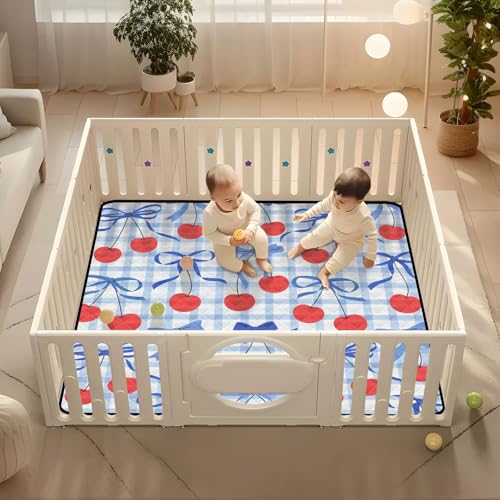 Baby Play Mat Checkered Cherries Bows Blue 50 x 50 Playpen Mat Baby Play Mats for Floor Play Gym Crawling Mat Non-Slip Cushioned Baby Playmat for Infants, Babies, Toddlers - color: Multi