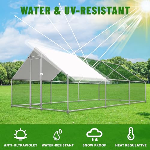 NUGRIART Large Metal Chicken Coop Walk-in Poultry Cage with Water-Resident and Anti-UV Cover Duck Rabbit Cat House Outdoor Chicken Run Pen with Spire Shaped Cage - size: 19.7’L×9.8’W×6.5’H