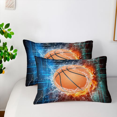 Nttopship Basketball Boys Comforter Set Twin Size Fire Basketball Bedding Sets 3 Piece Sport Theme Bedding 3D Sport Microfiber Bedding Set for Boys Kids(1 Comforter and 2 Pillowcases) - color: Basketball, size: Twin